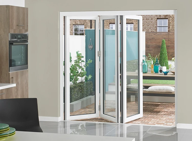 Cheap Aluminum Tempered Glass Wood Color Sliding Folding Door For Sale