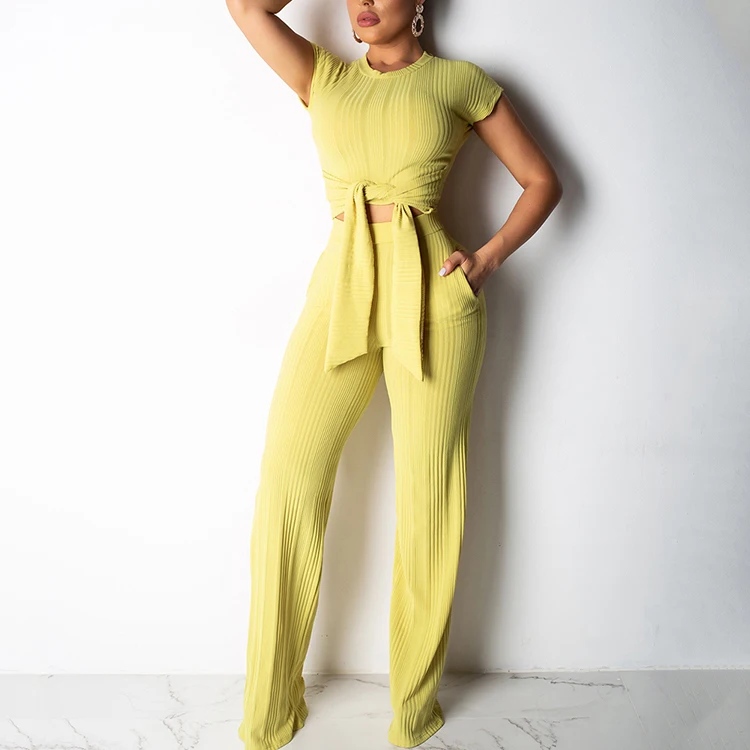 Tight Short Sleeve Crop Top Casual Wide Leg Pants Women Jumpsuit Two Piece Set Women