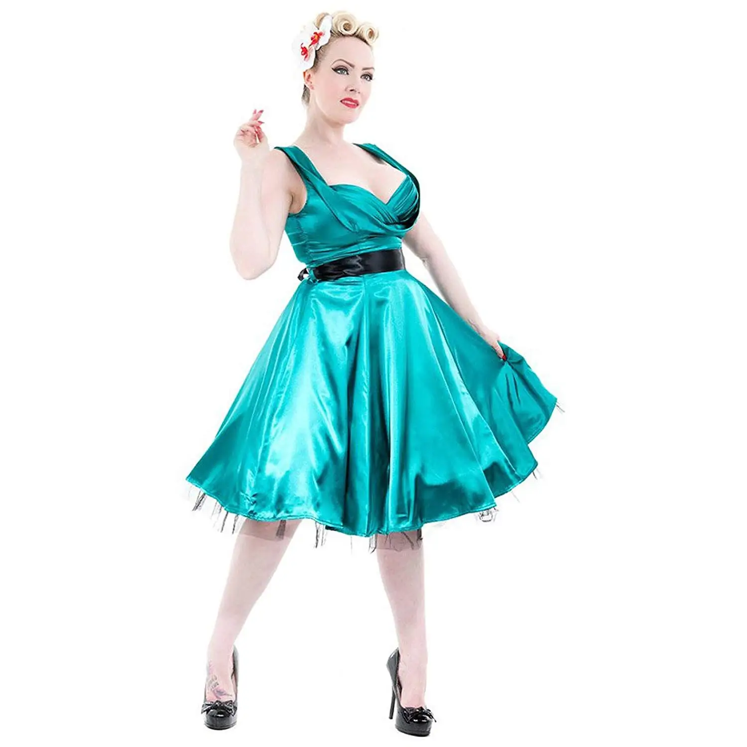 H & R London Satin 1950's Retro Cocktail Dress Teal Green