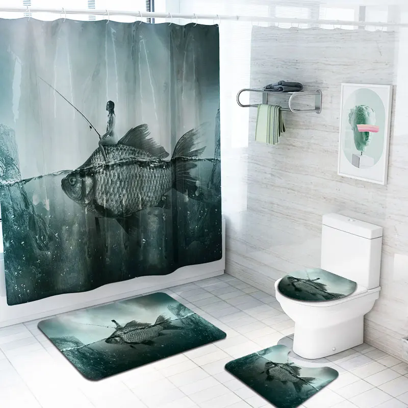 New arrival 3 pcs bathroom rug mat sets 1pc Printed Shower Curtain