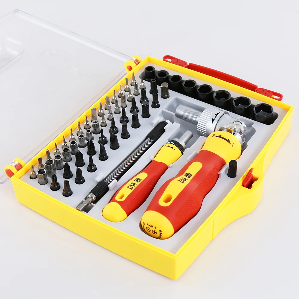 BST-2028A 62pcs Multi-function Rapid Ratchet Hand Screwdriver Sets with 90 Degree Hex Phillips Torx Slotted Bits