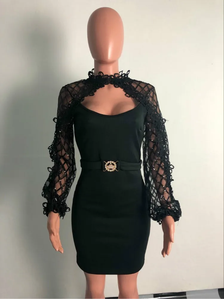 Wholesale Cut Out Sexy Women Dress with Sequin Mesh Sleeves Black Knee Length Bodycon Dress Club Party Hot Night Dress