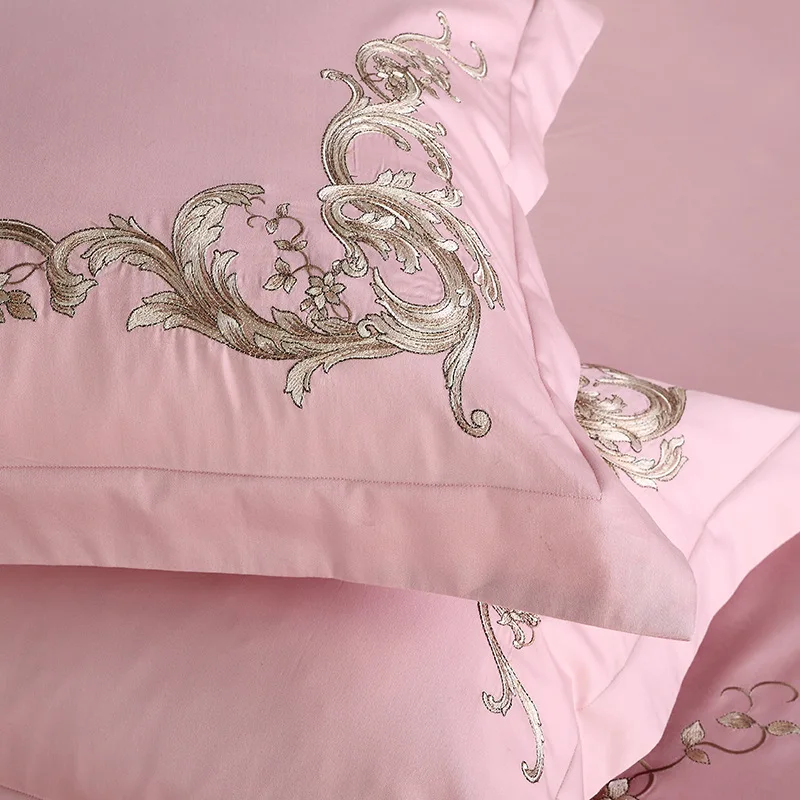 The Embroidery Romantic Pink King Size Bedding Set Cotton Luxury Double