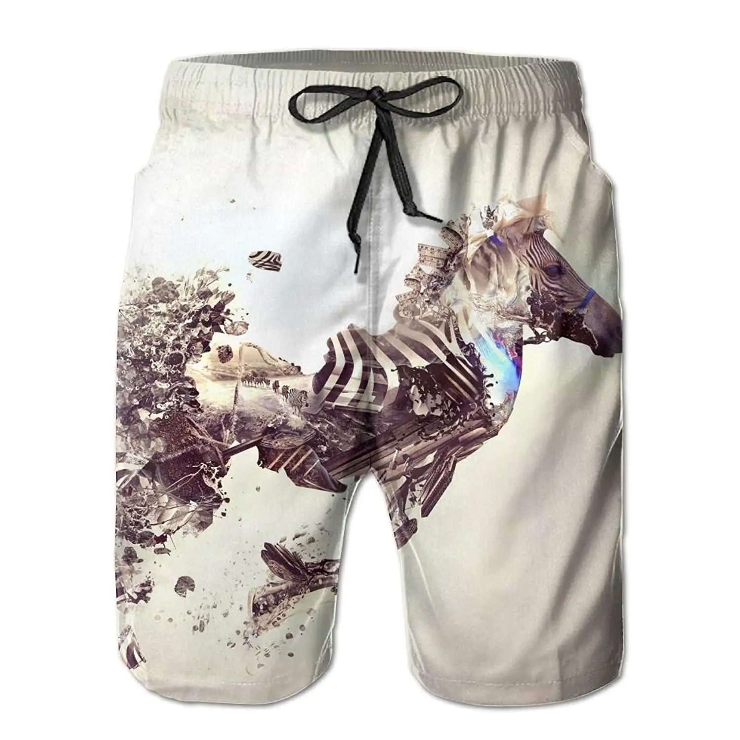 Beachsite Artistic Bonsai Explosion Japan Zebra Men's/Boys Casual Quick-Drying Bath Suits Elastic Waist Beach Pants With Pockets