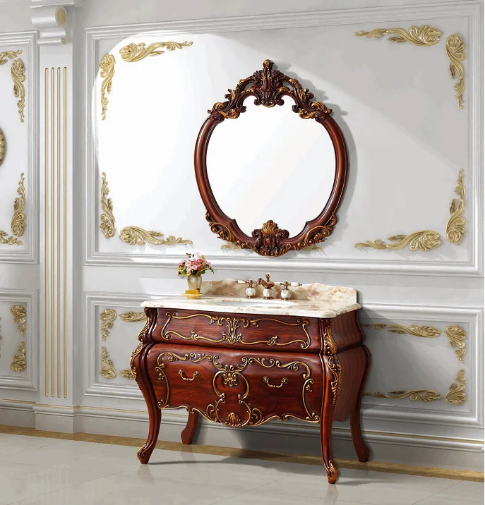 European Style Hand Carving Solid Wood Bath Vanity With Jade Stone Top