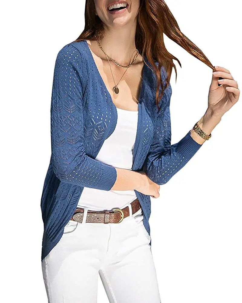 Pxmoda Women's Long Sleeve Cable Knit Lightweight Cardigan Sweater Casual Open Front Kimono Tops