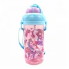Hot sale 400ml lovely cartoon Full page printing available kids water bottle with straw portable handle rope travel space cup