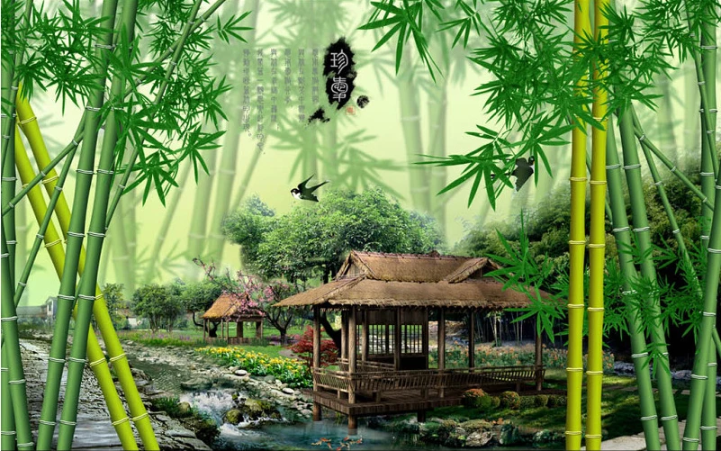 中式壁纸竹林墙纸家居装饰山水画乙烯壁画