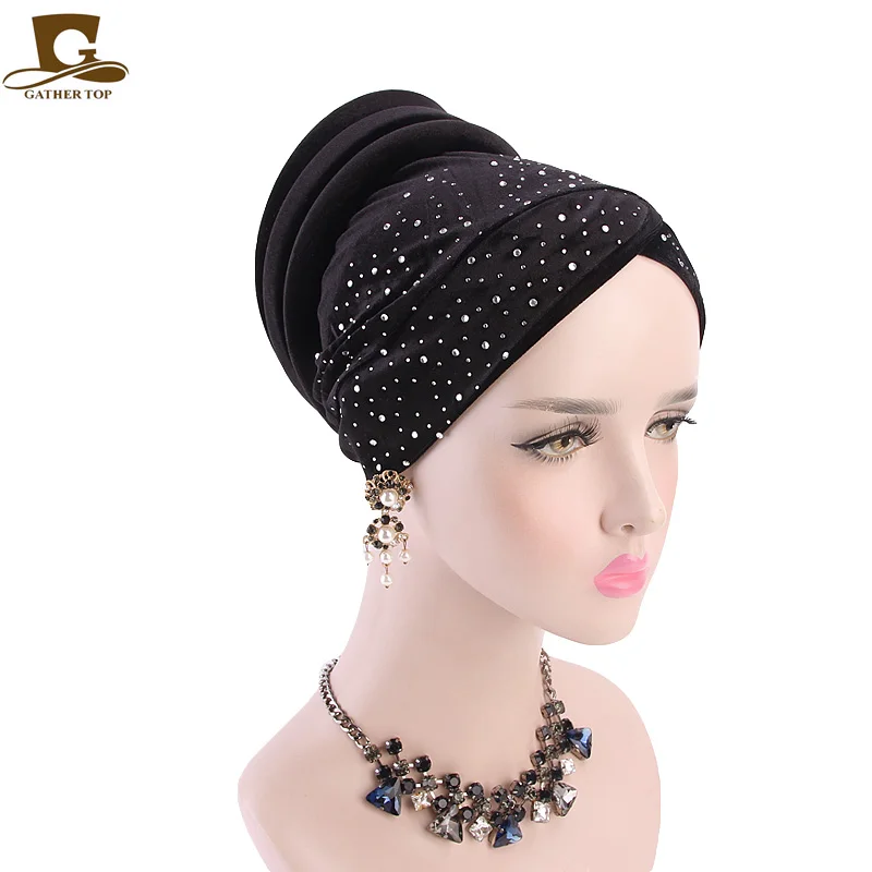 New Arrival Women Muslim Stretch Turban Rhinestone Velvet Hair Loss Head Scarf Wrap Arabic Hijab 5266