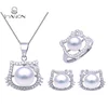 Bulk Fashion Cat Designs 5925 Sterling Silver Pearls Hello Kitty Jewelry Set for Women