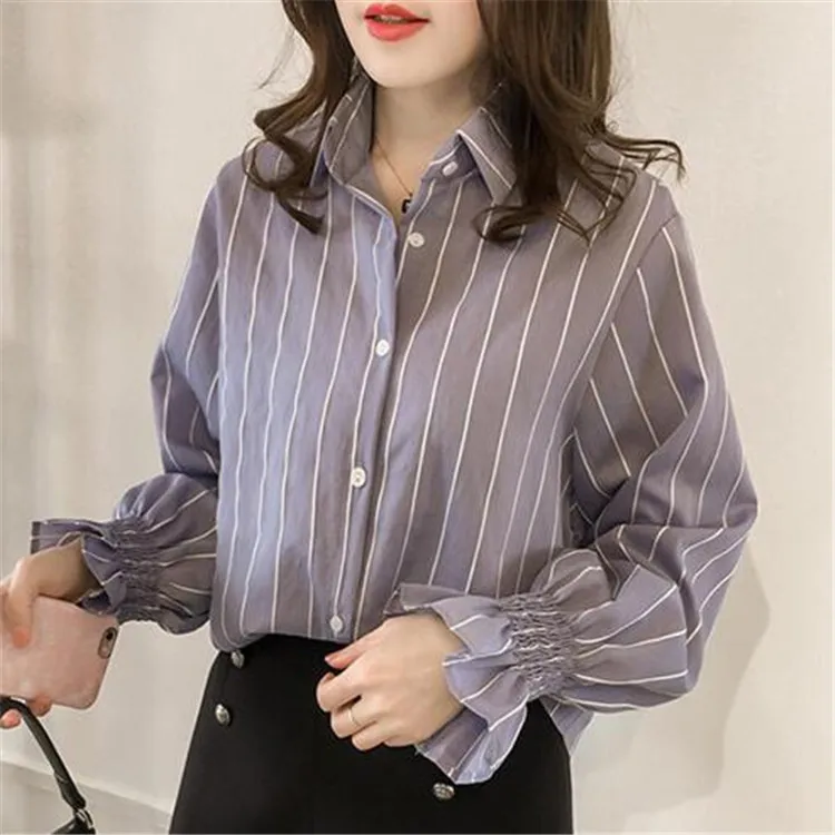 New Style Japanese Korean School Type Casual Fashion Flare Sleeve Stripe  Tops Blouse Women New Model Shirts - Buy Fashion Tops Blouse Women New  Model Shirts,School Type Blouse,Women Stripe Blosue Product on