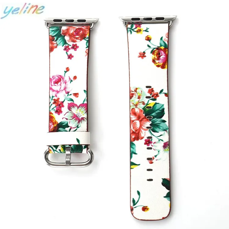 Genuine Leather ! For Apple Watch Fashion Leather Printed Flower Band