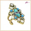 Fashion Geometry shape antique gold cuff finger ring,women bib statement rhinestone turquoise jewelry ring