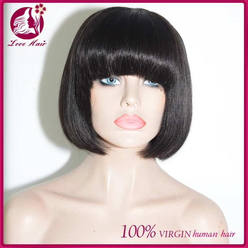 150 Density Virgin Chinese Girl Hair Bang Bob Cut Full Lace Wig