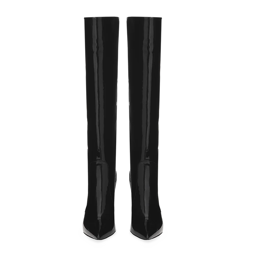 Trending Black Shiny Patent Leather Ladies Pointed Toe Thin Heel Knee High Boots Winter Women 3387