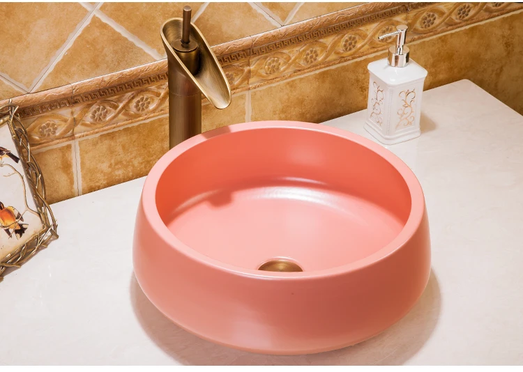 Wholesale Popular Decorative Pink Color Art Ceramic Bathroom Above Counter Basin For