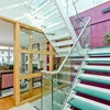 U shape steel folding stairs with laminated glass steps and double stringe and stainless steel top handrail