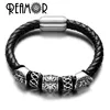 REAMOR Men 361l Stainless Steel Skull Mask Flower Beads Genuine Braided Leather Bracelet For Charm Magnetic Clasp Bangle Jewelry