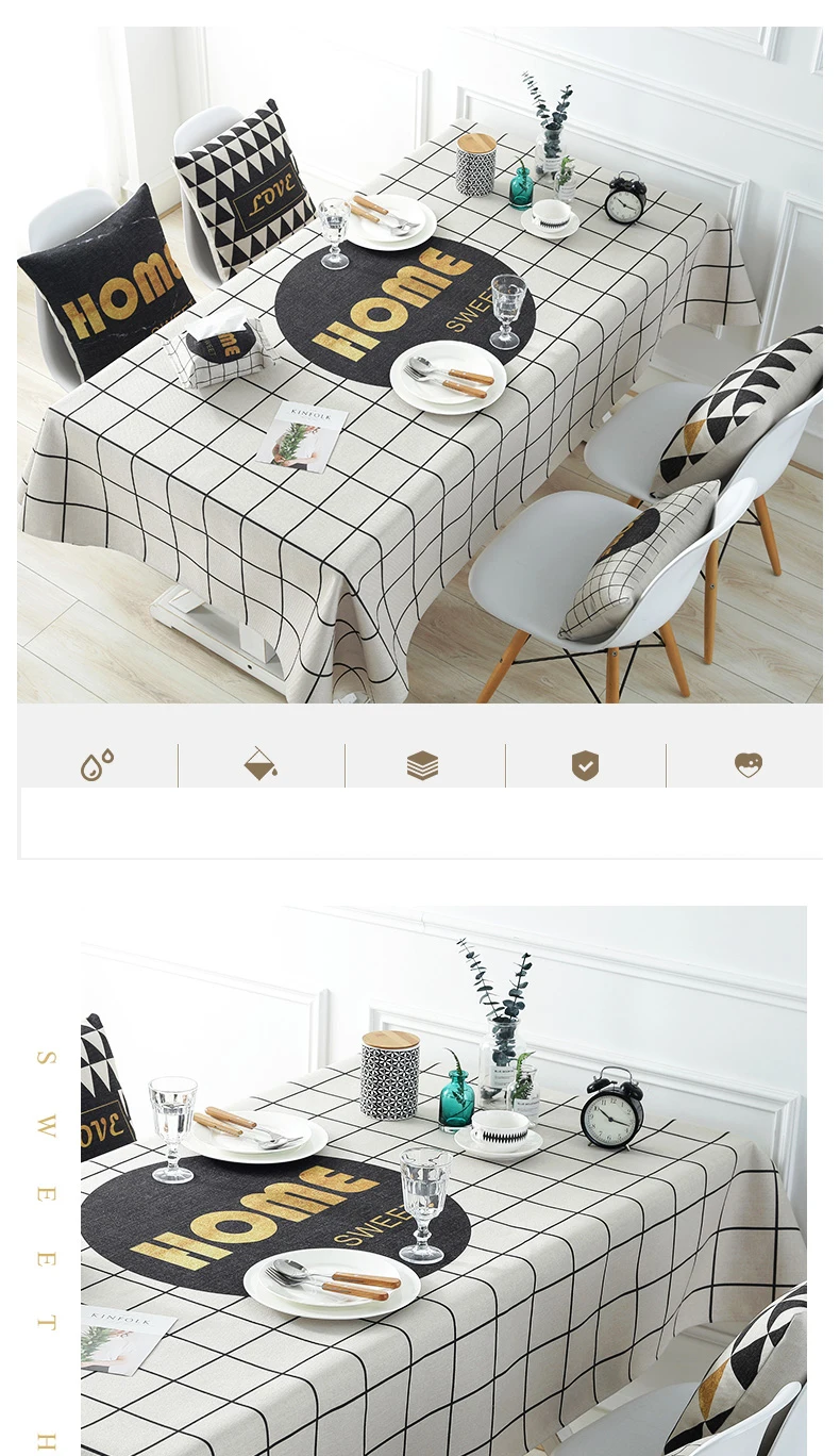 Simple eco Nordic black white plaid soft cotton and linen tablecloth