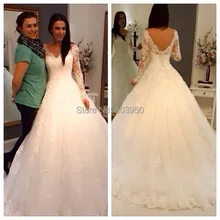 Vestido De Festa Longo Sexy Sweetheart Sheer Long Sleeve V Back Zipper A Line Tulle Long Wedding Dress 2014 Bridal Gown