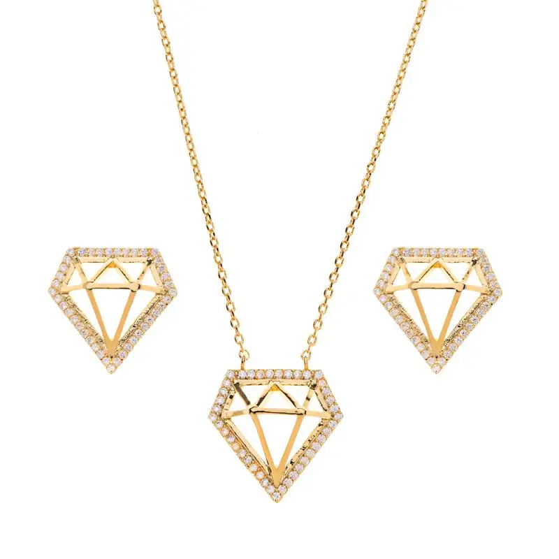 2018 fashion diamond shape 18k gold earrings and necklace