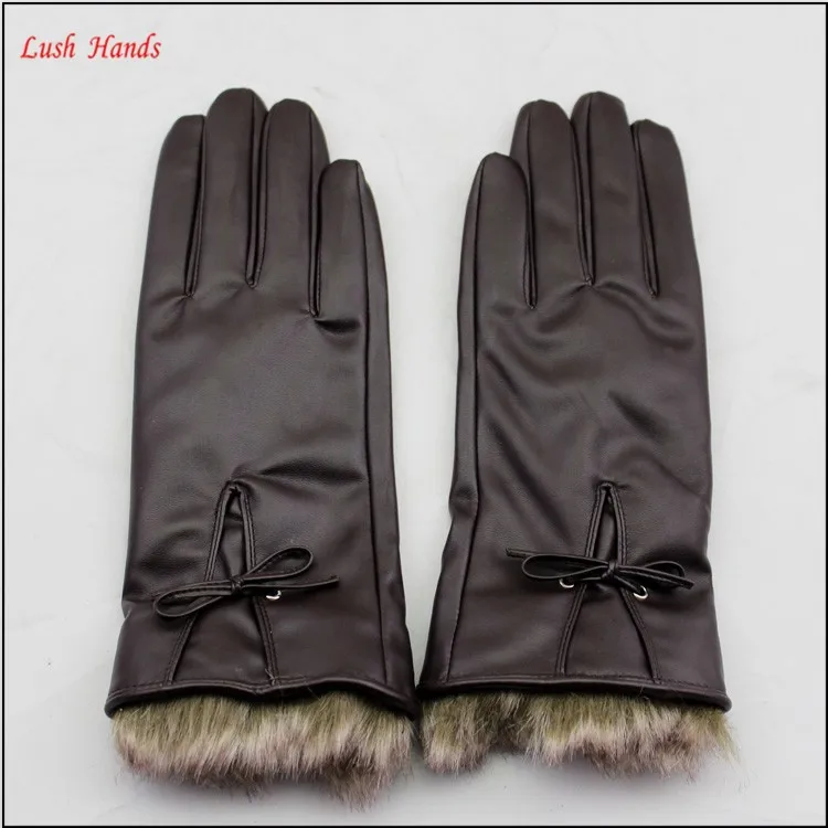 ladies brown pu leather hand gloves with fake fur