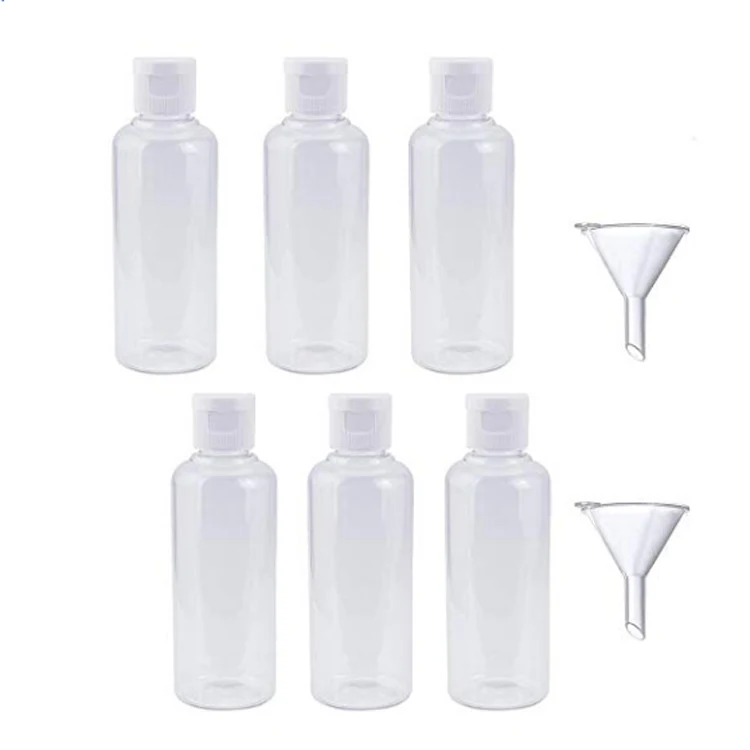 6 Piezas, 100 ML Botella de Viaje de Plástico Botella Transparente de Vuelo con Embudo Pequeño para Vuelo Vacaciones Aeropuerto 