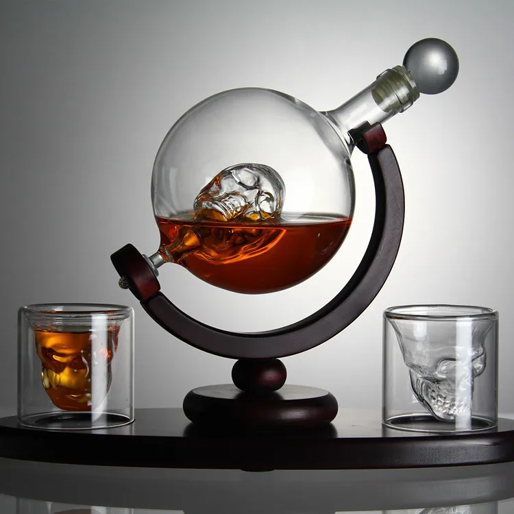 850ml Glass Whiskey Wine Tequila Skeleton Globe Bottle Set With Wooden Stand Whiskey Glasses Cup Set - Buy Decanter Glass Cup Whiskey Set Bottle Glass Decanter Globe Decanter