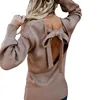 Autumn Winter 2018 Women Sweater Backless Belt Tie Pullover Basic Knitted Cotton Tops Solid Neck Jumper Long Sleeve Sweaters