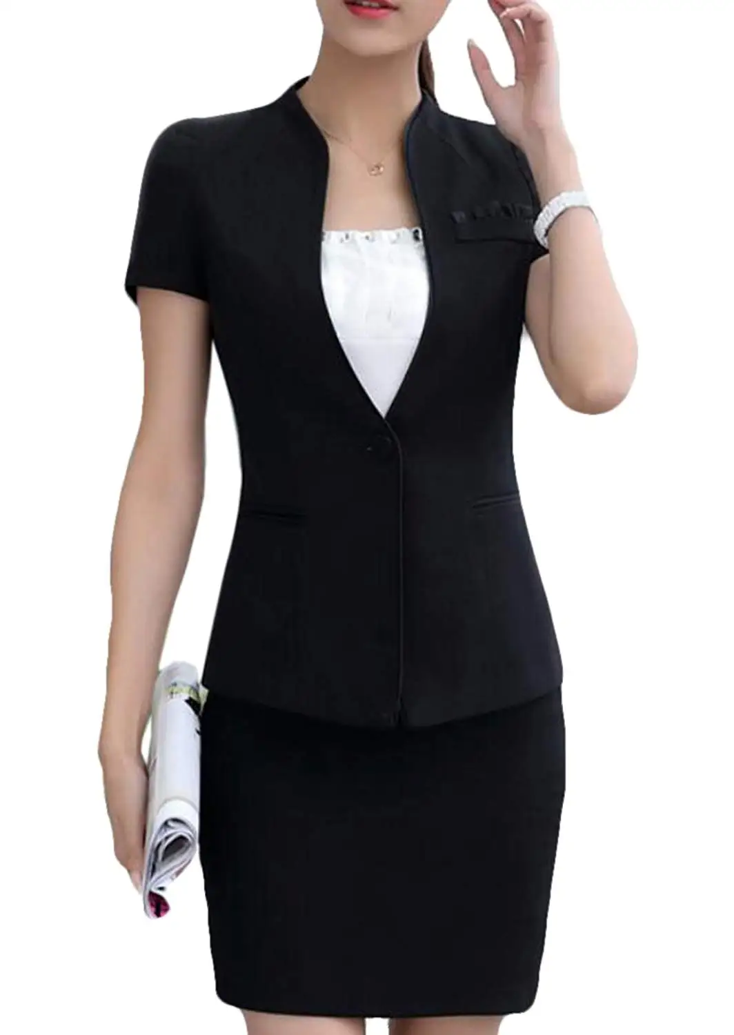 Pluszing Womens Business Slim Work Skirt Short Sleeve Coat Suit Sets
