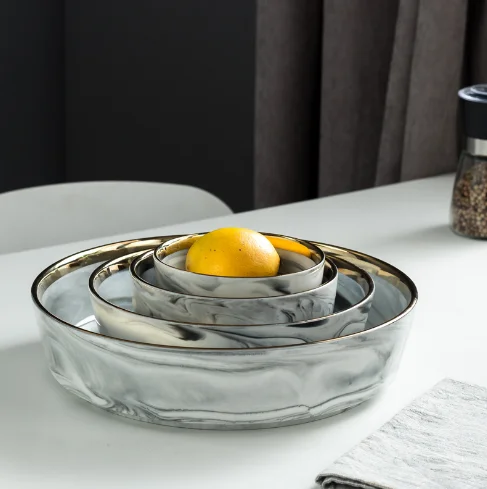 European Style Ceramic Marble Gold Rim Nordic Restaurant Plates Dinner Plate Bowl