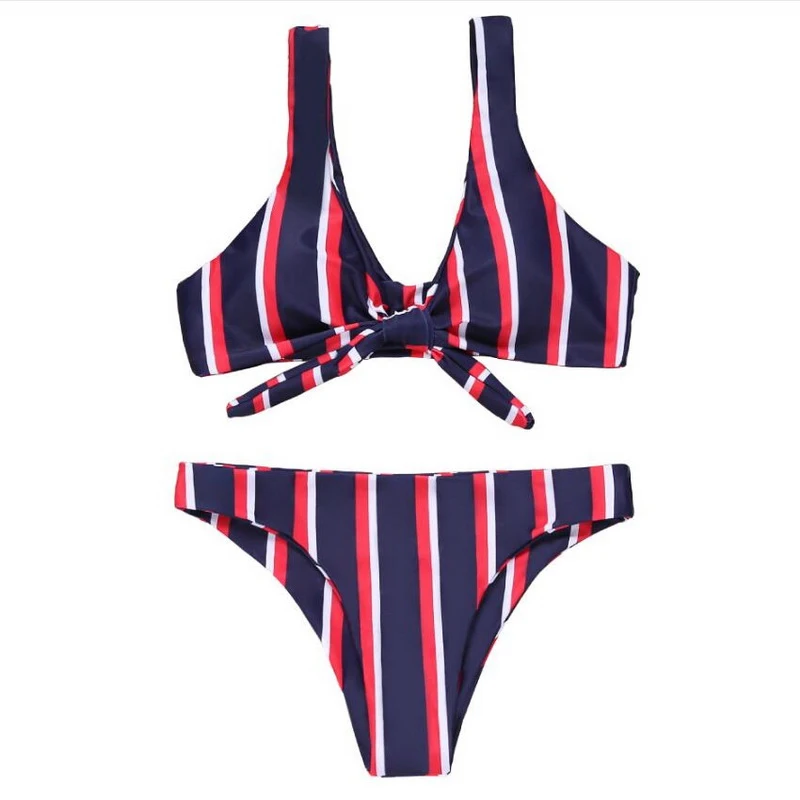 Free Sample Bikini Oem Swimsuits Stripe High Waist Fashion Chest Bow ...