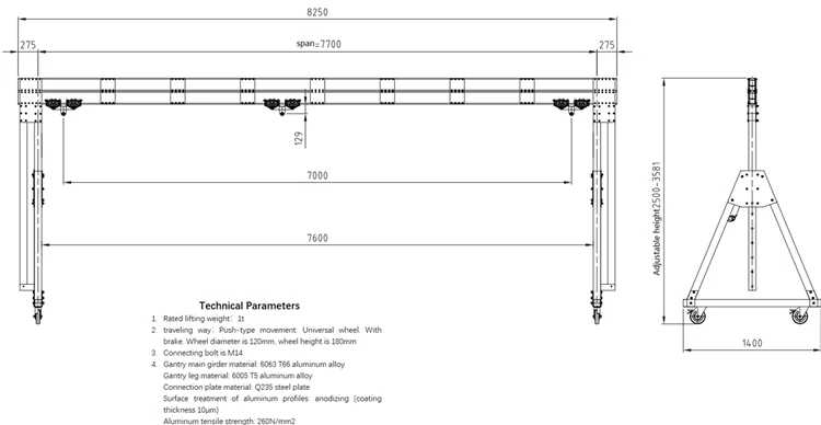 2018 The latest design aluminum alloy gantry crane with largest span 8m 1000 kg