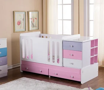 Pink Mdf Multifunction Wooden 3 In 1 Convertible Baby Crib Toddler