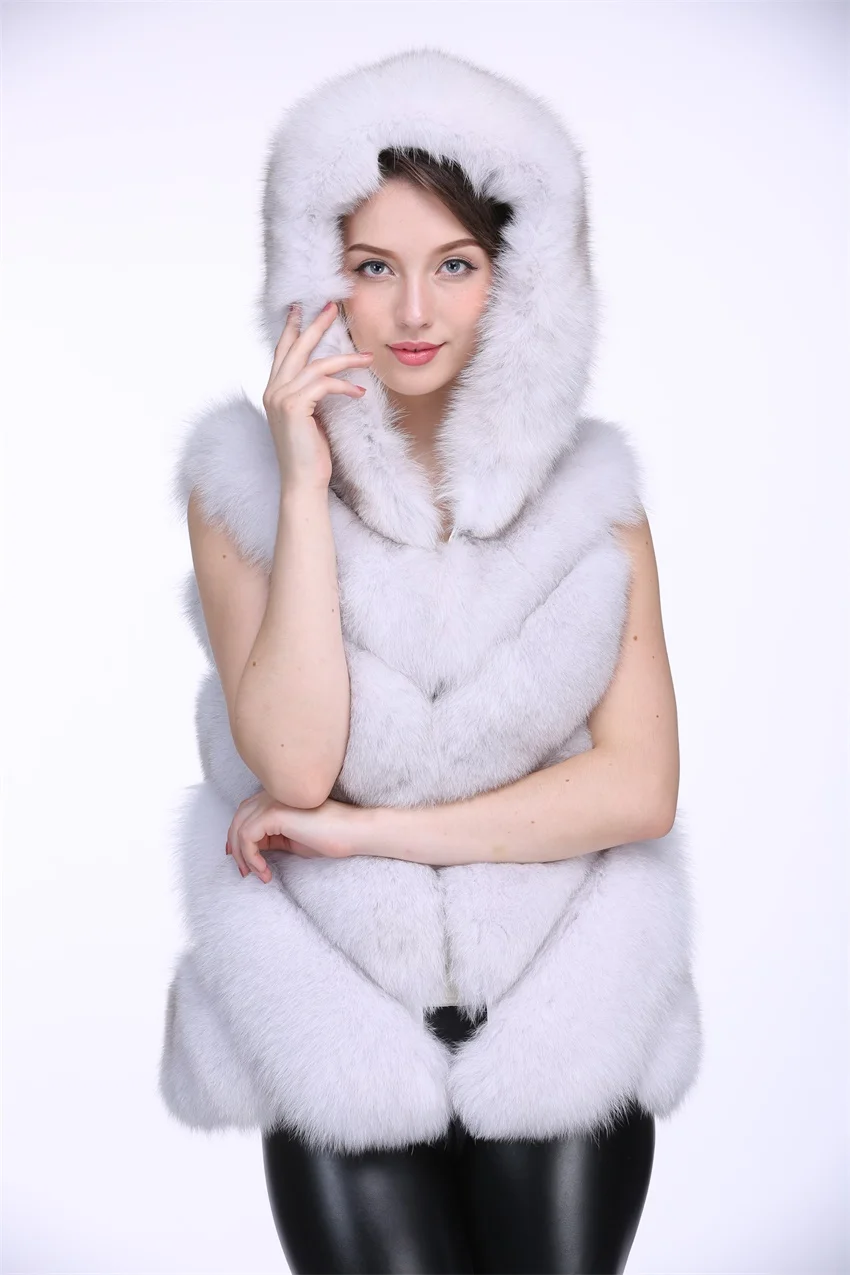 Popular design fashion fox fur parka with hood women's fox fur vest Faux fox fur jacket winter clothing