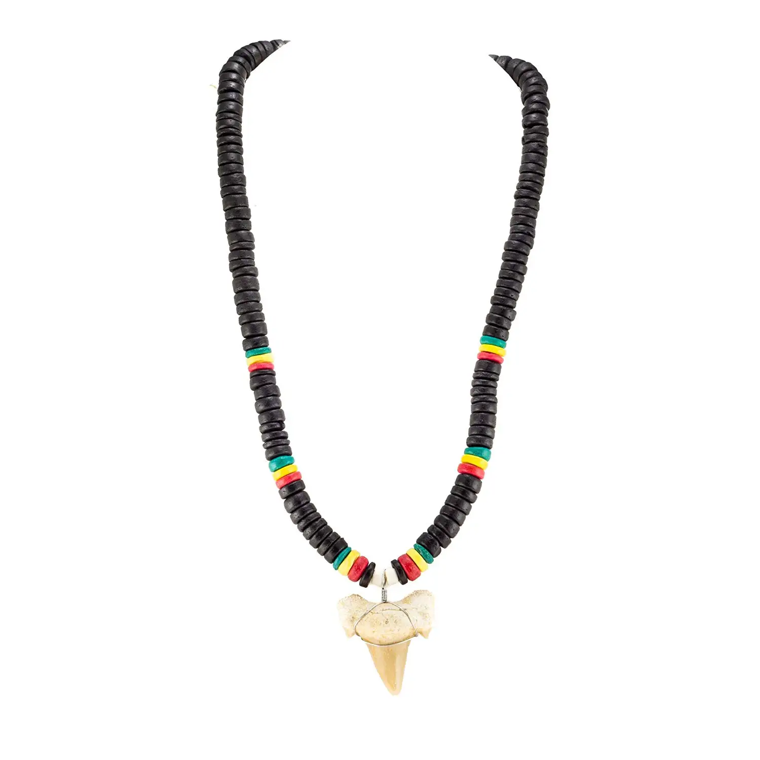 Shark Tooth Pendant on Black Cord Necklace with Rasta Wood Beads