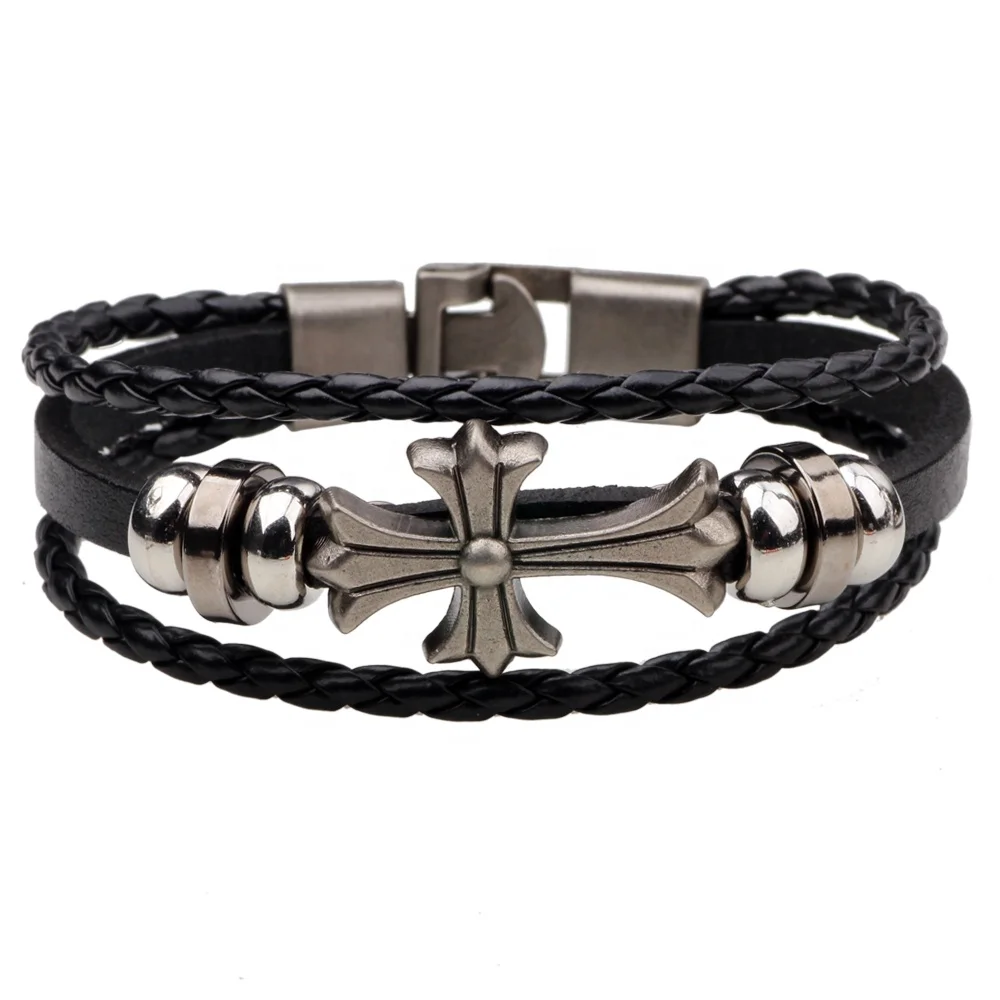 Men Christian Cross Leather Bracelet Vintage Rustic Bracelet Mens ...