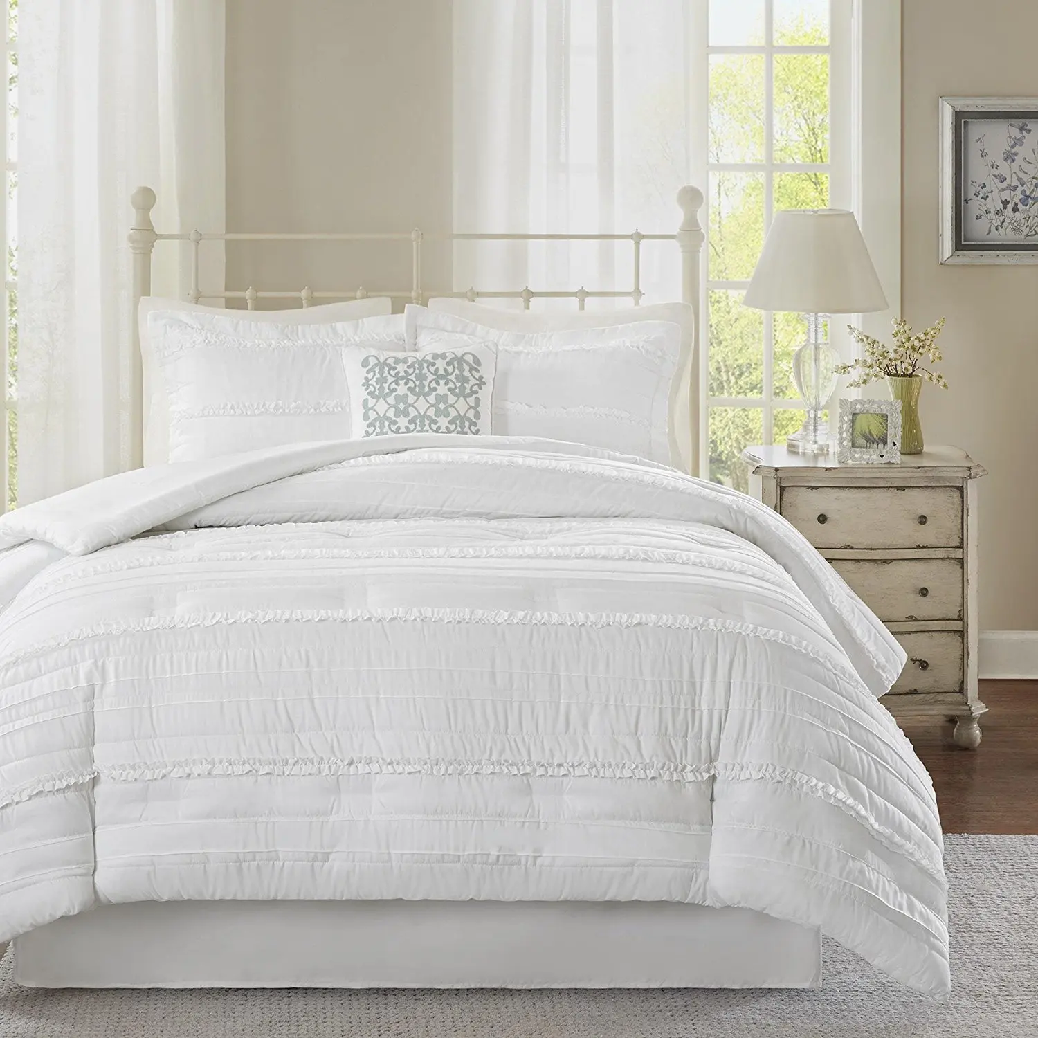 White New Ruched Bedspread Quilt Set Bed Cover Ruffle Top Design