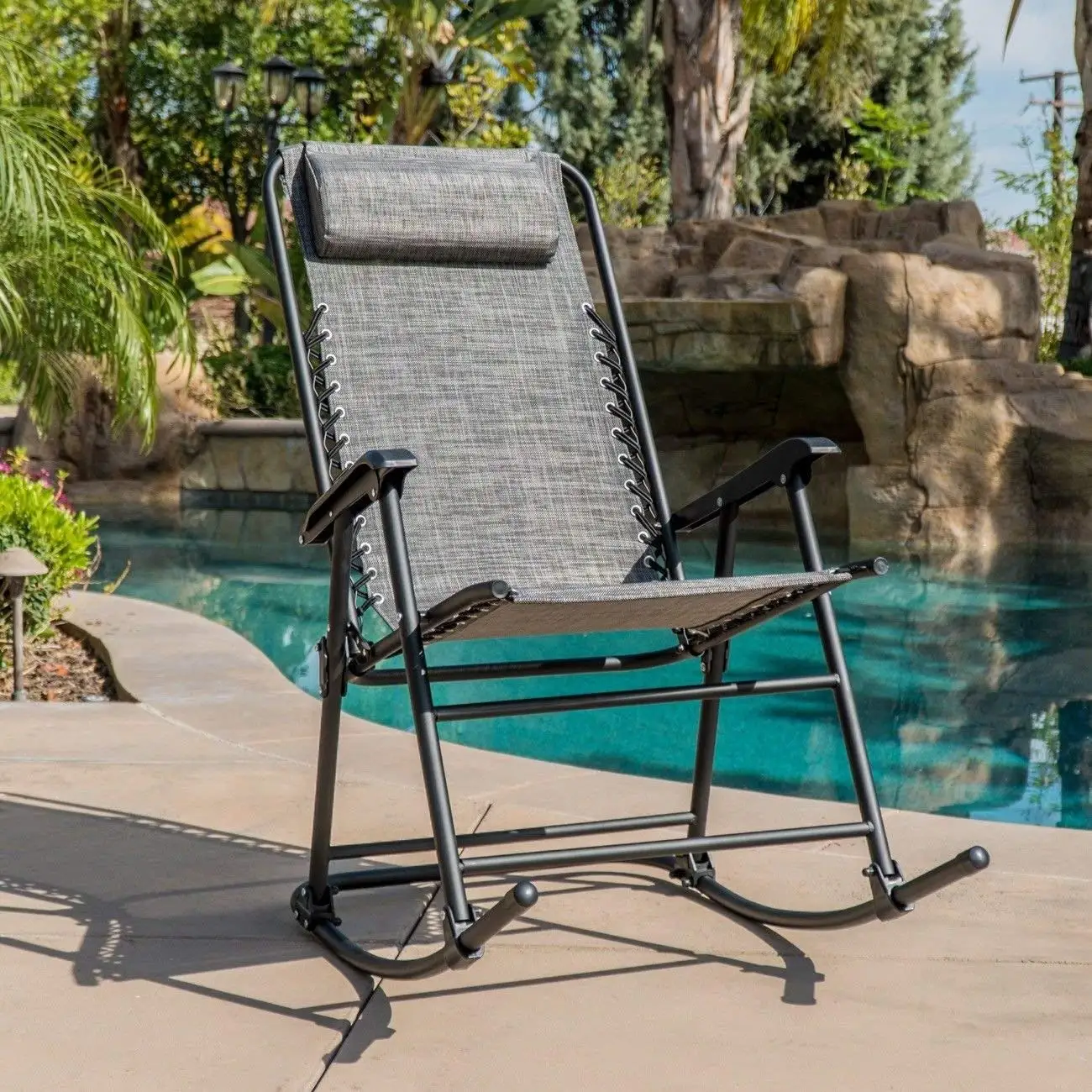 Globe House Products GHP 330-Lbs Weight Capacity Weather-Resistant Dark Grey Steel Frame Rocking Chair
