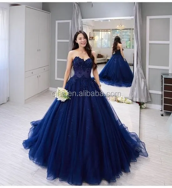 Luxury V-neck Dark Blue Jacquard Evening Dress Velvet Formal Gown – FloraShe