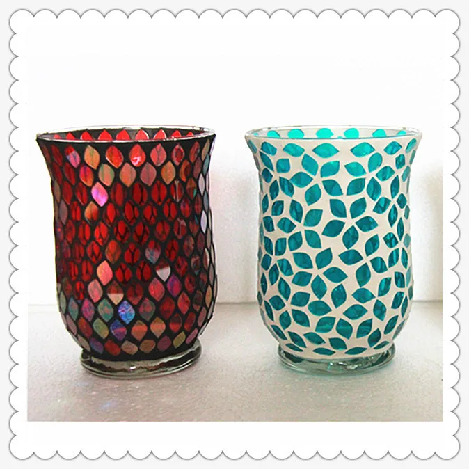 Home Mosaic Antique Lanterns Crackle Red Mosaic Glass Hurricane Candle