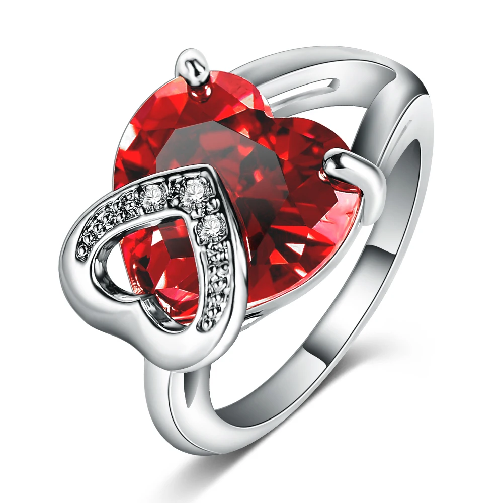 Romantic Christmas Love Gift Female Ring Fashion Accessories Real Platinum Plated Heart Shaped Cut Ruby Ring