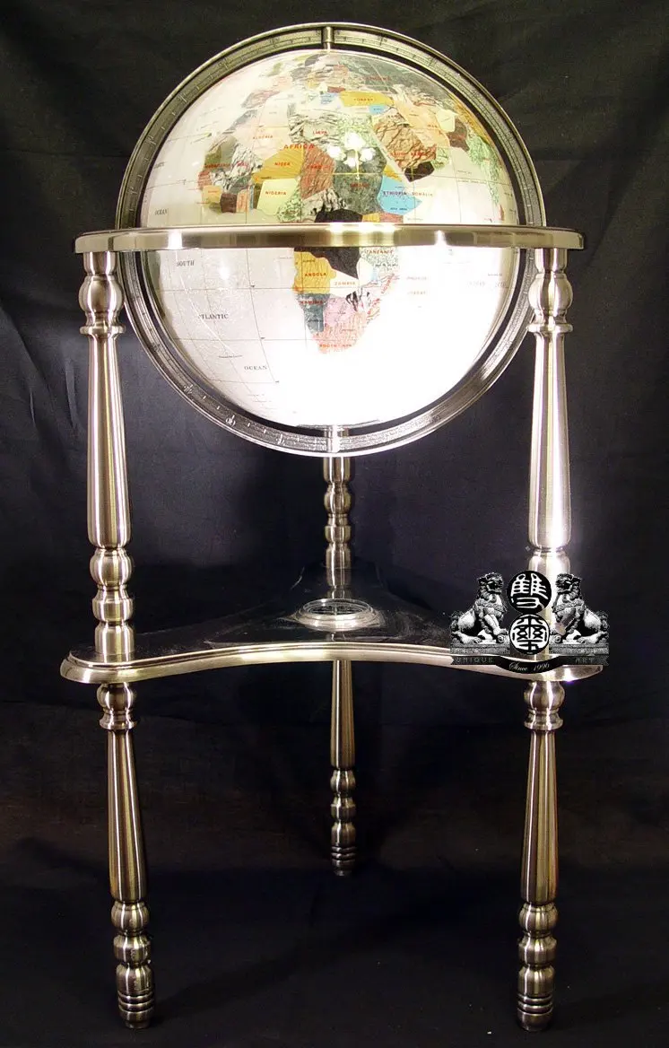 Unique Art Since 1996 Collector's Edition 37" Tall Mother of Pearl Ocean Compass Tripod 3 Heavy A Silver leg Floor Stand Gem Gemstone World Map Globe Globes Maps