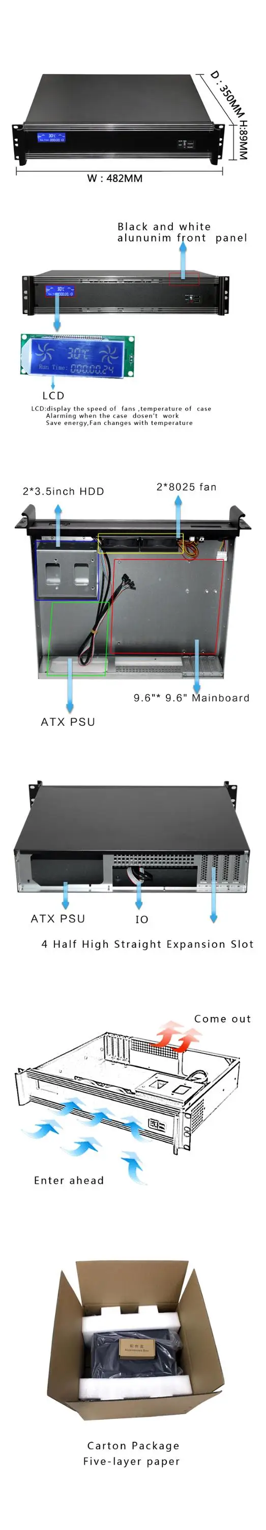 2019 Aluminum new products 2U 350mm deep rackmount chassis for 9.6*9.6 MB and 3*3.5" HDD