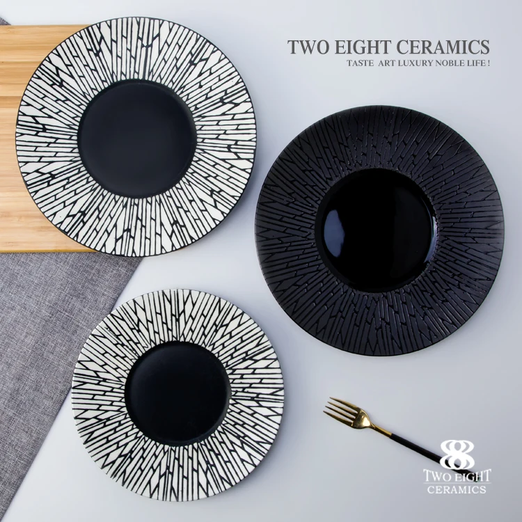 Wholesale black ceramic dinnerware western restaurant durable dinner set porcelain dinnerware fine decorative crockery plates