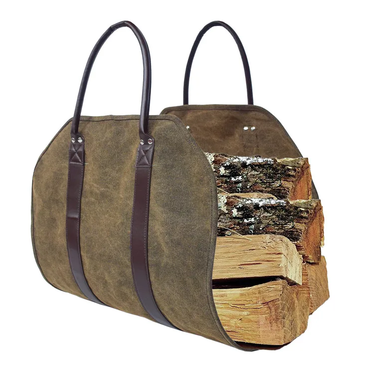 Heavy Duty Canvas Firewood Log Carrier Bag With Strong Leather Handles