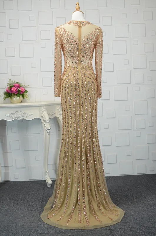 Lsyy019 Long Sleeve Gold Dress Sequined Bead Embroidered Evening Dress