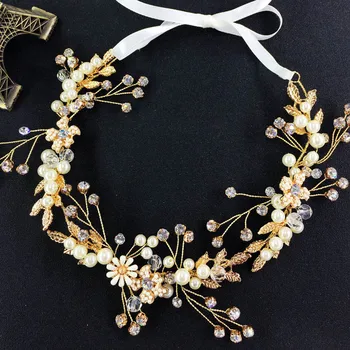 Factory Wholesaler Gold Plated Flower Pearl Wedding Lacha Headband