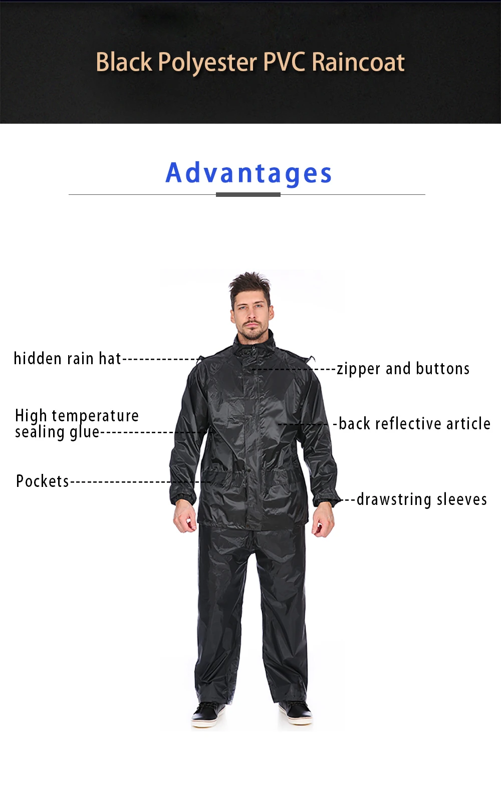 High Quality Raincoat Black Color 170t Polyester Mens Reflective Double Layer Rainsuit With Mesh Lining
