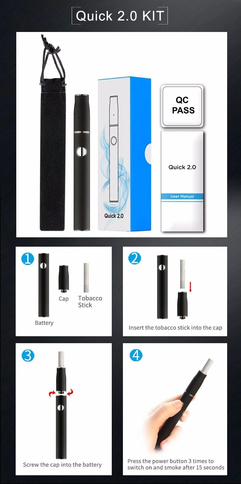 Smokeless Cigarettes Tobacco Cartridge Vape Ecig 2.0 Dry Herb Vaporizer Quick 2.0 Kit Wholesale
